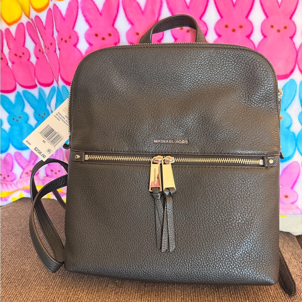 Michael Kors Black Pebbled Leather Slim Zip Backpack with Gold Hardware